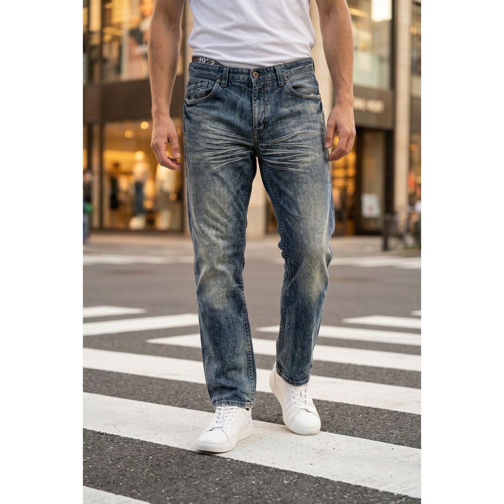 Ecko Unltd Relaxed Straight Leg Jeans Blue Whiskered Denim Sz 38 Y2K Streetwear